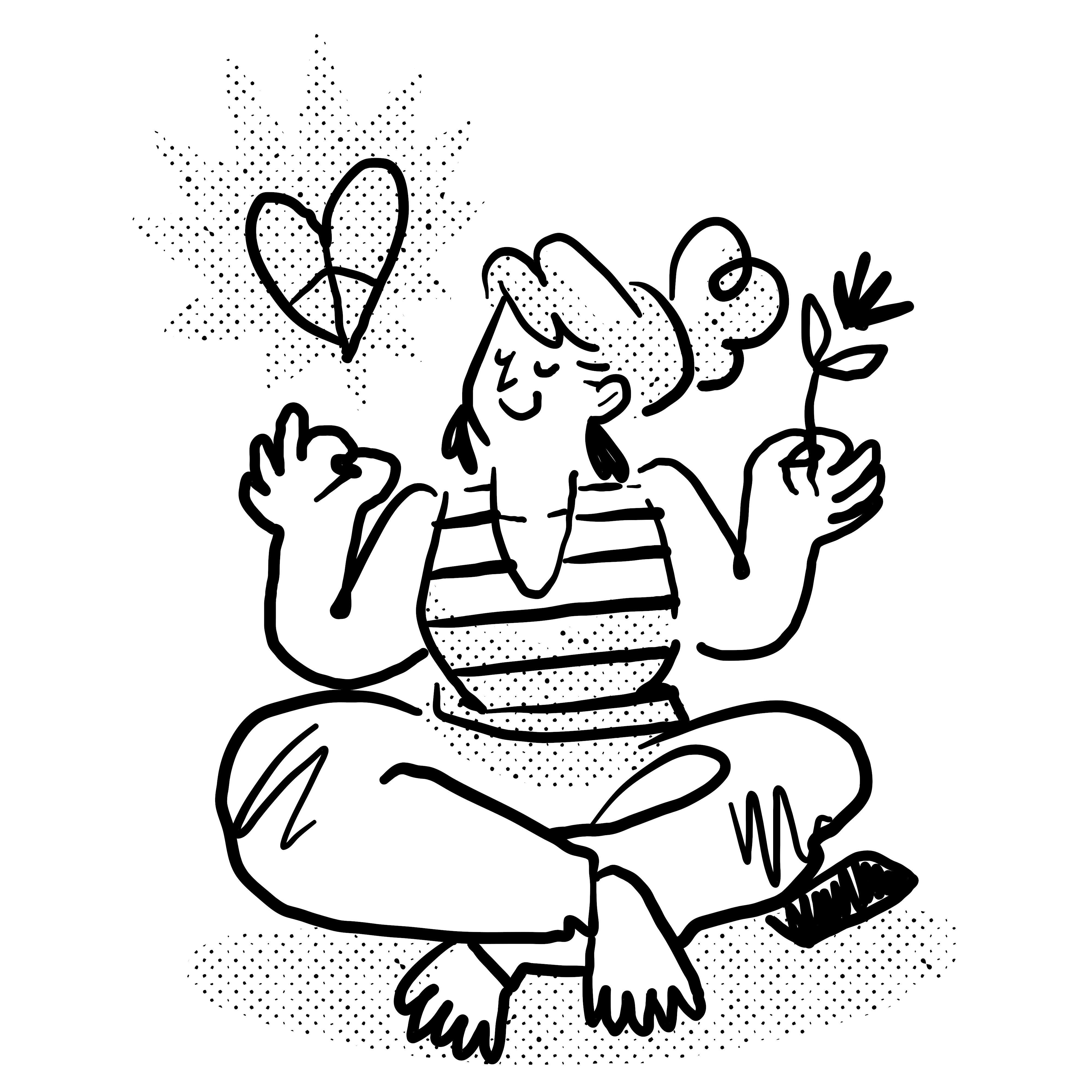 Femme assise en tailleur, yeux fermés, symbole du cœur à gauche, illustrant le recentrage, l’apaisement, la reconstruction personnelle, le renforcement de l’estime de soi, la dignité, le retour à soi et le sentiment d’être alignée après une rupture.